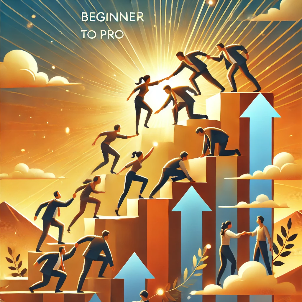 DALL·E 2025-04-04 11.52.19 - A motivational poster image showing the progression from beginner to pro through teamwork and collaboration, without any text or labels. The visual fe