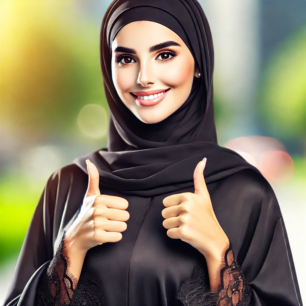 DALL·E 2025-04-06 14.24.16 - A realistic photo of a confident Emirati woman wearing a traditional black abaya and hijab, standing outdoors in natural sunlight, giving a thumbs up